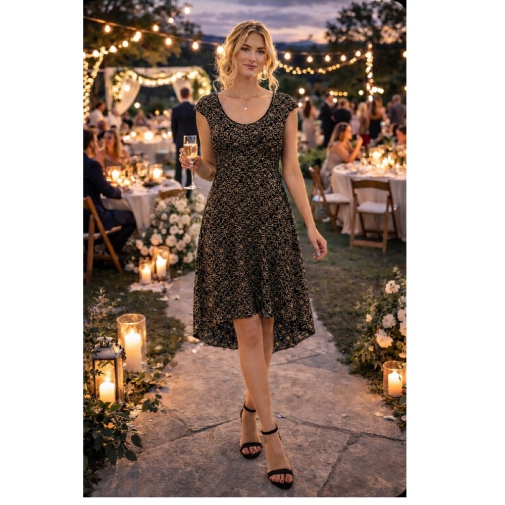 🪢 Connected Apparel Black Gold Sequin Lace Hi Lo Dress Wedding Guest NWT 10